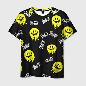 Мужская футболка 3D с принтом SMILE| smile| граффити в Петрозаводске, 100% полиэфир | прямой крой, круглый вырез горловины, длина до линии бедер | Тематика изображения на принте: graffiti | smile | граффити | краска | позитивное | потеки | улыбка | эмодзи