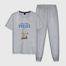 Мужская пижама хлопок с принтом Once a pirate always a pirate в Санкт-Петербурге, 100% хлопок | брюки и футболка прямого кроя, без карманов, на брюках мягкая резинка на поясе и по низу штанин
 | 23 февраля | pirate | брат | братство | вмф | день защитника отечества | день флота | капитан | лучший друг | матрос | моряк | отец | папа | пират | пиратское | подарок | рыбак | рыбалка | череп