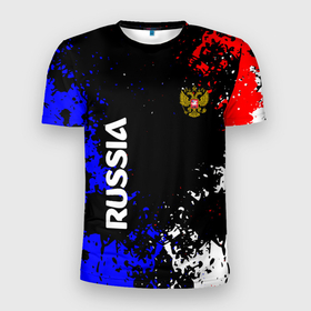 Мужская футболка 3D Slim с принтом Russia Брызги красок. в Екатеринбурге, 100% полиэстер с улучшенными характеристиками | приталенный силуэт, круглая горловина, широкие плечи, сужается к линии бедра | russia | ussr | герб | патриотизм | россия | ссср | флаг россии | я русский