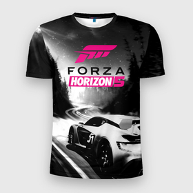 Мужская футболка 3D Slim с принтом Forza Horizon 5   night race в Новосибирске, 100% полиэстер с улучшенными характеристиками | приталенный силуэт, круглая горловина, широкие плечи, сужается к линии бедра | arcade racing simulator | car | forza horizon | forza horizon  5 | logo | night | pc game | race | sports | автомобиль | аркадный гоночный симулятор | гонка | компьютерная игра | логотип | ночь | спортивный