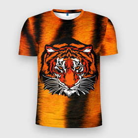 Мужская футболка 3D Slim с принтом Tiger Head в Белгороде, 100% полиэстер с улучшенными характеристиками | приталенный силуэт, круглая горловина, широкие плечи, сужается к линии бедра | Тематика изображения на принте: 2022 | cat | tiger | голова | кот | кошка | тигр | шерсть