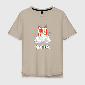 Мужская футболка хлопок Oversize с принтом Books (Букс) в Тюмени, 100% хлопок | свободный крой, круглый ворот, “спинка” длиннее передней части | книга | кот | котик | милота | чтение