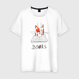 Мужская футболка хлопок с принтом Books (Букс) в Кировске, 100% хлопок | прямой крой, круглый вырез горловины, длина до линии бедер, слегка спущенное плечо. | книга | кот | котик | милота | чтение