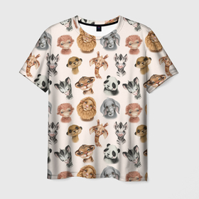 Мужская футболка 3D с принтом Милые дикие животные в Новосибирске, 100% полиэфир | прямой крой, круглый вырез горловины, длина до линии бедер | детские иллюстрации | дикие животные | жираф | зебра | зоопарк | лев | лесные животные | обезьяна | панда | слон | тигр