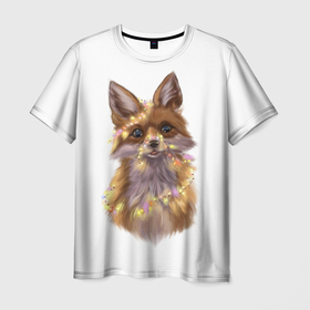 Мужская футболка 3D с принтом Fox with a garland в Петрозаводске, 100% полиэфир | прямой крой, круглый вырез горловины, длина до линии бедер | Тематика изображения на принте: fox | гирлянда | животные | лиса | новый год