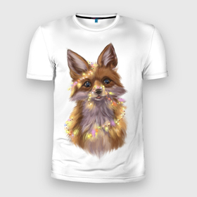 Мужская футболка 3D Slim с принтом Fox with a garland в Петрозаводске, 100% полиэстер с улучшенными характеристиками | приталенный силуэт, круглая горловина, широкие плечи, сужается к линии бедра | Тематика изображения на принте: fox | гирлянда | животные | лиса | новый год