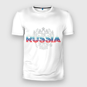 Мужская футболка 3D Slim с принтом Russia Sport Team в Новосибирске, 100% полиэстер с улучшенными характеристиками | приталенный силуэт, круглая горловина, широкие плечи, сужается к линии бедра | Тематика изображения на принте: russia | герб | государство | патриотические | россия | спортивное | триколор | флаг