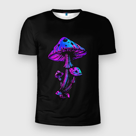 Мужская футболка 3D Slim с принтом Неоновый гриб , 100% полиэстер с улучшенными характеристиками | приталенный силуэт, круглая горловина, широкие плечи, сужается к линии бедра | blue | gradient | light | luminous | mushroom | neon | pink | purple | градиент | гриб | неон | неоновый | розовый | свет | светящийся | синий | фиолетовый