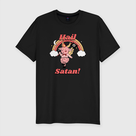 Мужская футболка хлопок Slim с принтом Hail Satan в Новосибирске, 92% хлопок, 8% лайкра | приталенный силуэт, круглый вырез ворота, длина до линии бедра, короткий рукав | demon | hail satan | satan | аниме | атеизм | атеист | бафомет | выбери тьму | гот | готика | грандж | гранж | демон | каваи | люцифер | манга | рок | сатана | хоррор | эмо