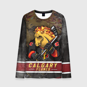 Мужской лонгслив 3D с принтом Калгари Флэймз, Calgary Flames Маскот в Санкт-Петербурге, 100% полиэстер | длинные рукава, круглый вырез горловины, полуприлегающий силуэт | calgary | calgary flames | flames | hockey | nhl | usa | калгари | калгари флэймз | маскот | нхл | спорт | сша | флэймз | хоккей | шайба