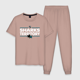 Мужская пижама хлопок с принтом SHARKS TERRITORY | САН ХОСЕ ШАРКС , 100% хлопок | брюки и футболка прямого кроя, без карманов, на брюках мягкая резинка на поясе и по низу штанин
 | Тематика изображения на принте: ice | nhl | san jose | sharks | sport | territory | usa | winter | акулы | нхл | сан хосе | спорт | сша | хоккей | шайбу | шаркс