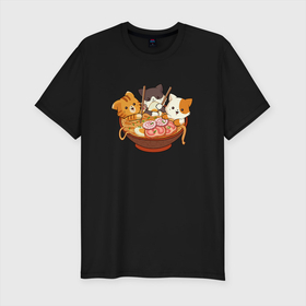 Мужская футболка хлопок Slim с принтом Kawaii Cat Ramen в Петрозаводске, 92% хлопок, 8% лайкра | приталенный силуэт, круглый вырез ворота, длина до линии бедра, короткий рукав | anime | cute | japanese | noodles | аниме | еда | китай | кот | котейка | котенок | котик | котэ | кошка | лапша | милый | рамен | японий