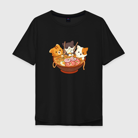 Мужская футболка хлопок Oversize с принтом Kawaii Cat Ramen в Новосибирске, 100% хлопок | свободный крой, круглый ворот, “спинка” длиннее передней части | anime | cute | japanese | noodles | аниме | еда | китай | кот | котейка | котенок | котик | котэ | кошка | лапша | милый | рамен | японий