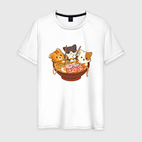 Мужская футболка хлопок с принтом Kawaii Cat Ramen в Кировске, 100% хлопок | прямой крой, круглый вырез горловины, длина до линии бедер, слегка спущенное плечо. | anime | cute | japanese | noodles | аниме | еда | китай | кот | котейка | котенок | котик | котэ | кошка | лапша | милый | рамен | японий