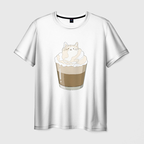 Мужская футболка 3D с принтом Catuccino в Кировске, 100% полиэфир | прямой крой, круглый вырез горловины, длина до линии бедер | еда | животные | завтрак | капуччино | кот | котята | кофе | милые животные | няшно | смешно