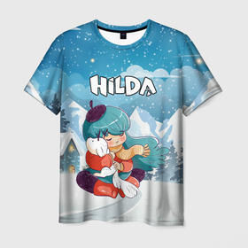 Мужская футболка 3D с принтом Хильда обнимает лисенка мультсериал , 100% полиэфир | прямой крой, круглый вырез горловины, длина до линии бедер | hilda | netflix | глушь | мультик | мультсериал | мультфильм | нетфликс | синеволосая | синие волосы | хильда