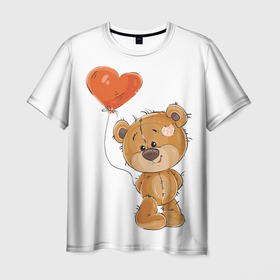 Мужская футболка 3D с принтом Мишутка с шариком в Санкт-Петербурге, 100% полиэфир | прямой крой, круглый вырез горловины, длина до линии бедер | Тематика изображения на принте: влюблённый | любовь | медвежонок | плюшевый | праздник | шарик