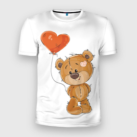 Мужская футболка 3D Slim с принтом Мишутка с шариком в Новосибирске, 100% полиэстер с улучшенными характеристиками | приталенный силуэт, круглая горловина, широкие плечи, сужается к линии бедра | Тематика изображения на принте: влюблённый | любовь | медвежонок | плюшевый | праздник | шарик