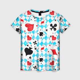 Женская футболка 3D с принтом Карты в воздухе в Петрозаводске, 100% полиэфир ( синтетическое хлопкоподобное полотно) | прямой крой, круглый вырез горловины, длина до линии бедер | буби | вини | игра | картишки | карточная игра | карты | перви | пики | покер