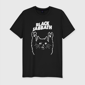 Мужская футболка хлопок Slim с принтом Black Sabbath Рок кот в Тюмени, 92% хлопок, 8% лайкра | приталенный силуэт, круглый вырез ворота, длина до линии бедра, короткий рукав | Тематика изображения на принте: black | black sabath | black sabbath | hard rock | heavy metal | ozzy | sabath | блэк сабат | группы | кот | метал | музыка | оззи | оззи осборн | ози | осборн | рок | хард рок | хэви метал