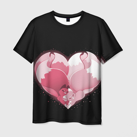 Мужская футболка 3D с принтом Сердце Две Кицуне в Екатеринбурге, 100% полиэфир | прямой крой, круглый вырез горловины, длина до линии бедер | вместе | двое | день святого валентина | кицуне | лиса | любовь | сердце