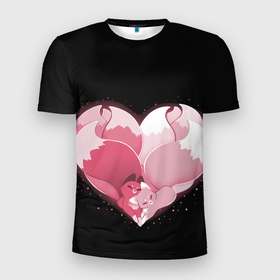 Мужская футболка 3D Slim с принтом Сердце Две Кицуне в Екатеринбурге, 100% полиэстер с улучшенными характеристиками | приталенный силуэт, круглая горловина, широкие плечи, сужается к линии бедра | Тематика изображения на принте: вместе | двое | день святого валентина | кицуне | лиса | любовь | сердце