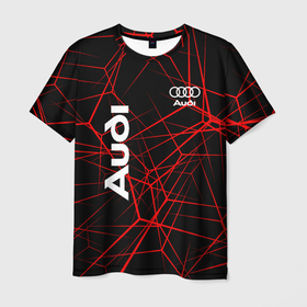 Мужская футболка 3D с принтом Audi: Красные линии. в Санкт-Петербурге, 100% полиэфир | прямой крой, круглый вырез горловины, длина до линии бедер | 2020 | audi | auto | sport | авто | автомобиль | автомобильные | ауди | бренд | марка | машины | спорт