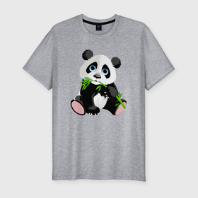 Мужская футболка хлопок Slim с принтом Забавный медвежонок Панда в Новосибирске, 92% хлопок, 8% лайкра | приталенный силуэт, круглый вырез ворота, длина до линии бедра, короткий рукав | bamboo | claws | cutie | ears | eyes | muzzle | nose | panda | paws | teddy bear | бамбук | глаза | когти | лапы | медвежонок | милашка | мордочка | нос | панда