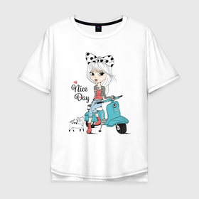 Мужская футболка хлопок Oversize с принтом Девчонка на скутере с котом в Курске, 100% хлопок | свободный крой, круглый ворот, “спинка” длиннее передней части | cat | eyes | heart | kitten | ribbon | scooter | бант | глаза | кот | котёнок | кошка | лицо | причёска | сердце | скутер