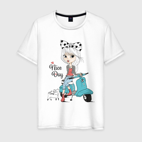 Мужская футболка хлопок с принтом Девчонка на скутере с котом , 100% хлопок | прямой крой, круглый вырез горловины, длина до линии бедер, слегка спущенное плечо. | cat | eyes | heart | kitten | ribbon | scooter | бант | глаза | кот | котёнок | кошка | лицо | причёска | сердце | скутер