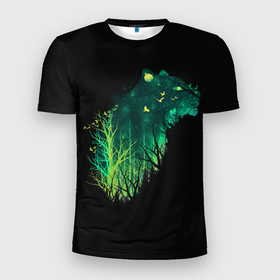 Мужская футболка 3D Slim с принтом Дух Тигра | Неоновый Тигр в Новосибирске, 100% полиэстер с улучшенными характеристиками | приталенный силуэт, круглая горловина, широкие плечи, сужается к линии бедра | Тематика изображения на принте: birds | forest | galaxy | glow | green | moon | neon | night | silhouette | sky | space | spirit | starfall | stars | tiger | trees | галактика | деревья | дух | звездопад | звезды | зеленое | зеленый | космос | лес | луна | небо | неон | неоновый | ночь 