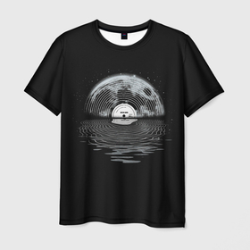 Мужская футболка 3D с принтом Лунная Песнь в Новосибирске, 100% полиэфир | прямой крой, круглый вырез горловины, длина до линии бедер | galaxy | glow | lunar | moon | music | night | record | retro | song | space | stars | surface | vinyl | water | waves | винил | виниловая | вода | волны | галактика | гладь | звезды | космос | луна | лунная | музыка | ночь | песнь | пластинка | ретро | с