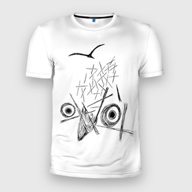 Мужская футболка 3D Slim с принтом Broken Bird W 01 в Курске, 100% полиэстер с улучшенными характеристиками | приталенный силуэт, круглая горловина, широкие плечи, сужается к линии бедра | bird | ink | scary | sketch | птица | страшно | чернила | эскиз