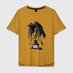 Мужская футболка хлопок Oversize с принтом Ворон Из Чернил в Санкт-Петербурге, 100% хлопок | свободный крой, круглый ворот, “спинка” длиннее передней части | beak | bird | crow | eye | eyes | feathers | flight | ink | out | raven | red | ворон | ворона | глаз | глаза | из | клюв | красный | перья | полет | птица | чернил | чернила