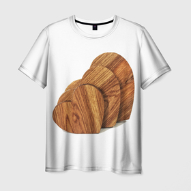 Мужская футболка 3D с принтом Сердечки из дерева в Новосибирске, 100% полиэфир | прямой крой, круглый вырез горловины, длина до линии бедер | 14 февраля | день всех влюбленных | день святого валентина | дерево | из дерева | коричневый | любовь | природа | природный дизайн | семейный | семья | сердца | сердце из дерева | текстура дерева