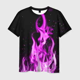 Мужская футболка 3D с принтом ОГОНЬ НЕОНОВЫЙ (ПЛАМЯ) в Екатеринбурге, 100% полиэфир | прямой крой, круглый вырез горловины, длина до линии бедер | Тематика изображения на принте: абстракция | горит | неон | неоновый | огонь | пламя | пожар | текстура | фиолетовый | яркий