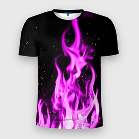Мужская футболка 3D Slim с принтом ОГОНЬ НЕОНОВЫЙ (ПЛАМЯ) в Курске, 100% полиэстер с улучшенными характеристиками | приталенный силуэт, круглая горловина, широкие плечи, сужается к линии бедра | абстракция | горит | неон | неоновый | огонь | пламя | пожар | текстура | фиолетовый | яркий