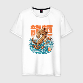 Мужская футболка хлопок с принтом Great Ramen Dragon в Белгороде, 100% хлопок | прямой крой, круглый вырез горловины, длина до линии бедер, слегка спущенное плечо. | anime | food | wave | волна | дракон | еда | иероглиф | канагава | китай | лапша | монстр | рамен | суши | япония