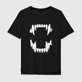 Мужская футболка хлопок Oversize с принтом Fangs   Клыки в Тюмени, 100% хлопок | свободный крой, круглый ворот, “спинка” длиннее передней части | Тематика изображения на принте: fangs | fear | grin | hype | jaw | клыки | оскал | пасть | хайп