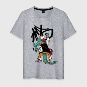 Мужская футболка хлопок с принтом Крокодил рисует граффити в Тюмени, 100% хлопок | прямой крой, круглый вырез горловины, длина до линии бедер, слегка спущенное плечо. | crocodile | fangs | graffiti | hype | jaw | muzzle | paint | sneakers | tail | граффити | клыки | краска | крокодил | кроссовки | пасть | хайп | хвост