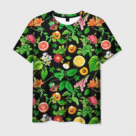 Мужская футболка 3D с принтом Фруктовый сад в Екатеринбурге, 100% полиэфир | прямой крой, круглый вырез горловины, длина до линии бедер | абрикосы | лето | листья | овощи | персики | сок | фруктовый сад | фрукты | цветы