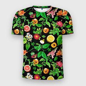 Мужская футболка 3D Slim с принтом Фруктовый сад , 100% полиэстер с улучшенными характеристиками | приталенный силуэт, круглая горловина, широкие плечи, сужается к линии бедра | Тематика изображения на принте: абрикосы | лето | листья | овощи | персики | сок | фруктовый сад | фрукты | цветы