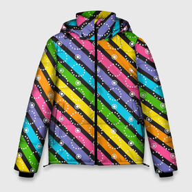 Мужская зимняя куртка 3D с принтом Радужные полосы микс в Санкт-Петербурге, верх — 100% полиэстер; подкладка — 100% полиэстер; утеплитель — 100% полиэстер | длина ниже бедра, свободный силуэт Оверсайз. Есть воротник-стойка, отстегивающийся капюшон и ветрозащитная планка. 

Боковые карманы с листочкой на кнопках и внутренний карман на молнии. | Тематика изображения на принте: линии | полосы | радуга | радужные | разноцветные | цвета
