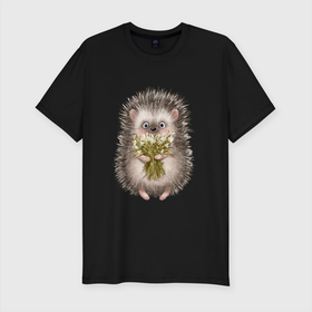 Мужская футболка хлопок Slim с принтом Ежик с цветочками в Белгороде, 92% хлопок, 8% лайкра | приталенный силуэт, круглый вырез ворота, длина до линии бедра, короткий рукав | ежик | ежик с цветами | животные | животные с ромашками | ромашки