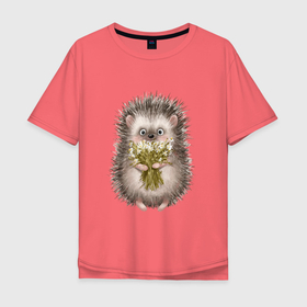 Мужская футболка хлопок Oversize с принтом Ежик с цветочками в Белгороде, 100% хлопок | свободный крой, круглый ворот, “спинка” длиннее передней части | ежик | ежик с цветами | животные | животные с ромашками | ромашки