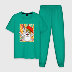 Мужская пижама хлопок с принтом Cat Eating Ramen в Санкт-Петербурге, 100% хлопок | брюки и футболка прямого кроя, без карманов, на брюках мягкая резинка на поясе и по низу штанин
 | anime | cute | noodles | аниме | еда | китай | кот | котенок | кошка | лапша | милый | мимими | рамен | счастье | япония