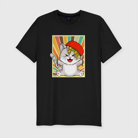 Мужская футболка хлопок Slim с принтом Cat Eating Ramen в Петрозаводске, 92% хлопок, 8% лайкра | приталенный силуэт, круглый вырез ворота, длина до линии бедра, короткий рукав | anime | cute | noodles | аниме | еда | китай | кот | котенок | кошка | лапша | милый | мимими | рамен | счастье | япония