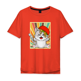 Мужская футболка хлопок Oversize с принтом Cat Eating Ramen в Екатеринбурге, 100% хлопок | свободный крой, круглый ворот, “спинка” длиннее передней части | anime | cute | noodles | аниме | еда | китай | кот | котенок | кошка | лапша | милый | мимими | рамен | счастье | япония