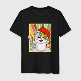 Мужская футболка хлопок с принтом Cat Eating Ramen в Екатеринбурге, 100% хлопок | прямой крой, круглый вырез горловины, длина до линии бедер, слегка спущенное плечо. | anime | cute | noodles | аниме | еда | китай | кот | котенок | кошка | лапша | милый | мимими | рамен | счастье | япония