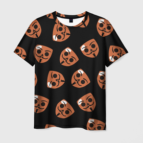 Мужская футболка 3D с принтом Бабл Квас   узор из масок в Белгороде, 100% полиэфир | прямой крой, круглый вырез горловины, длина до линии бедер | бабл квас | бойцы | игра | логотип | маска | мем | мобильная | оранжевый | приложение